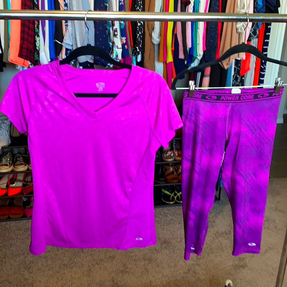 Purple workout top & purple/black workout capri.
